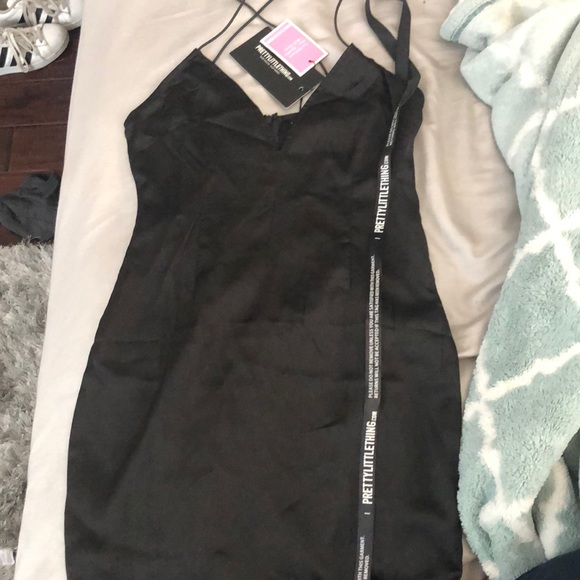 Black Satin strappy cross back dress - Picture 2 of 3